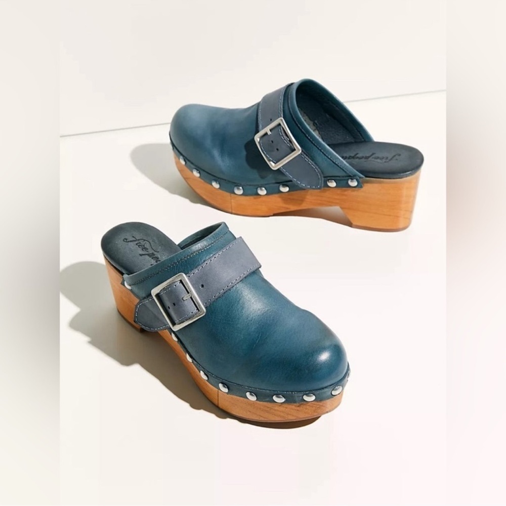 Free People Teal Leather Studded Clog Mules